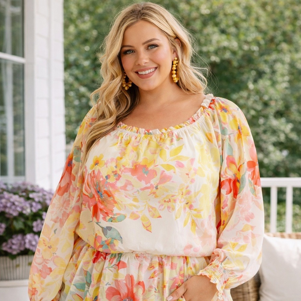 Perfectly Priscilla Blouse Plus Size 2X Floral Sheer Boho Peasant Top Cottage